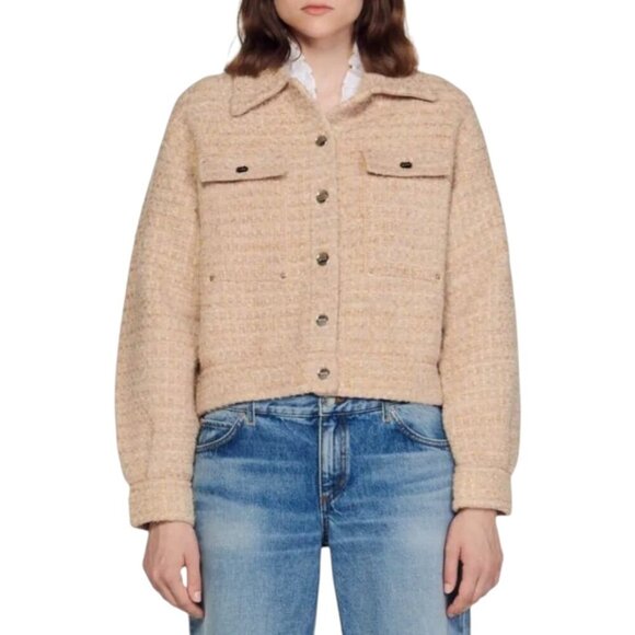 Sandro Bernadette Tweed Trucker Jacket NWT  Size 10 Large - Picture 1 of 10